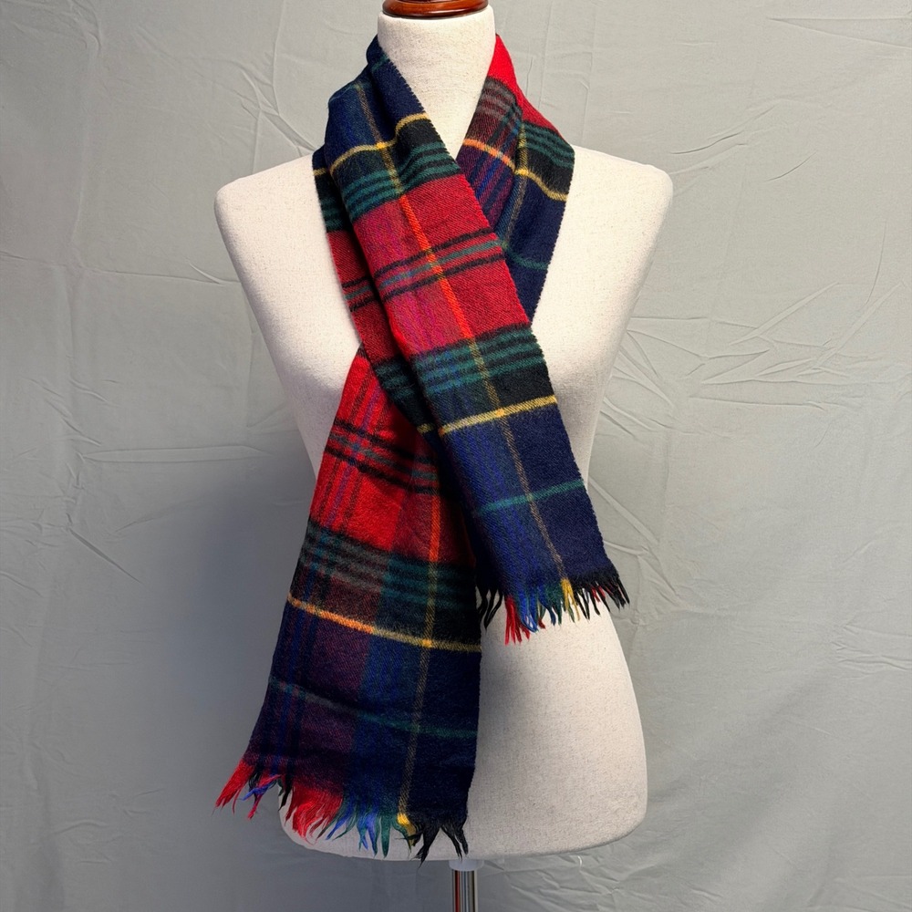 Vintage Pure Lambswool Plaid Scarf Made in Uruguay Multi Color Fringed Tartan